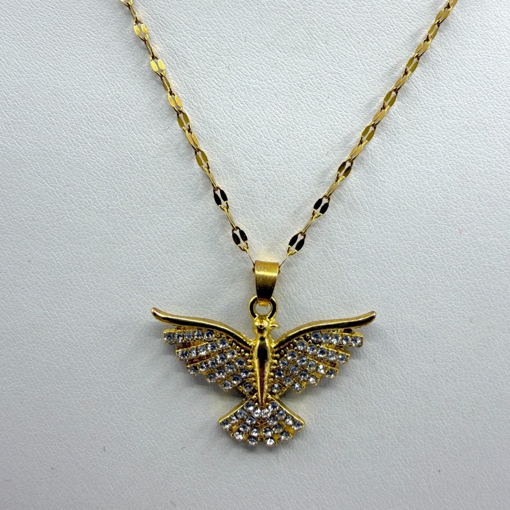 Gold Tone Dove Pendant Necklace Rhinestone Embellished Statement Jewelry Piece